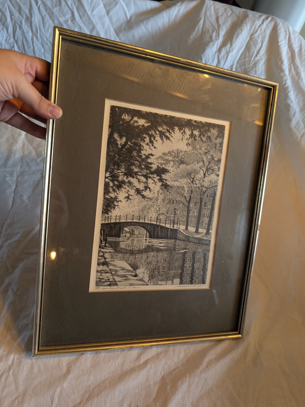 2/100$ Vintage Gold Framed Wall Art with Gray Mat and Monochrome etching
